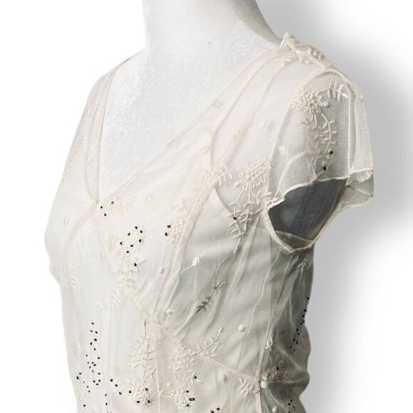NWOT Jessica Simpson XS Cream Lace Beaded V Neck Sheer Blouse Sheer w/Camisole - Picture 3 of 11